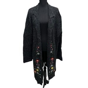 Kamana Open Front Embroidered Floral Gray Lagenlook Coat Sweater Women's Plus 3X